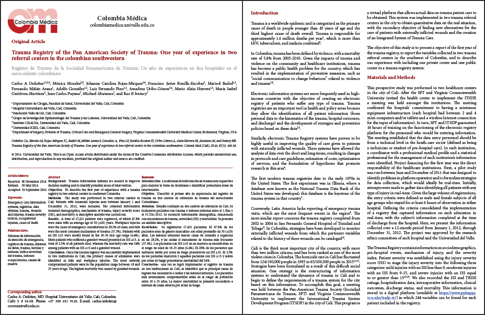 Trauma Registry of the Pan American Society of Trauma: One year of experience in two referral centers in the Colombian Southwestern