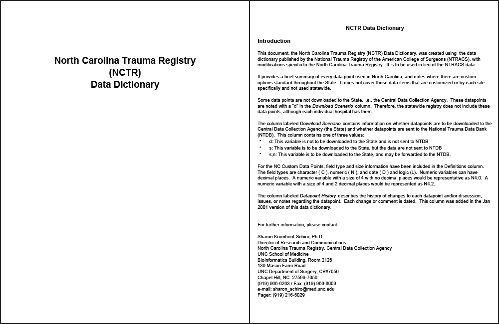 North Carolina; Trauma Registry Data Dictionary