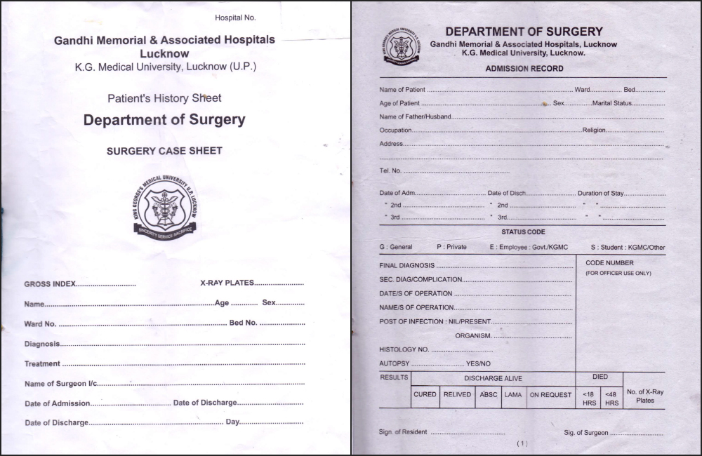 Gandhi Memorial Hospital; Surgery Case Sheet