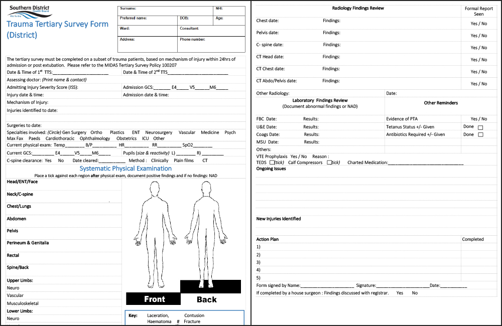Southern District Health Board; Trauma Tertiary Survey Form
