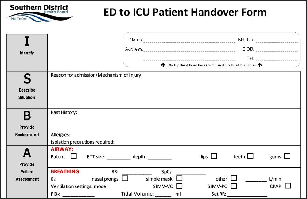Southern District Health Board; ED to ICU Patient Handover Form